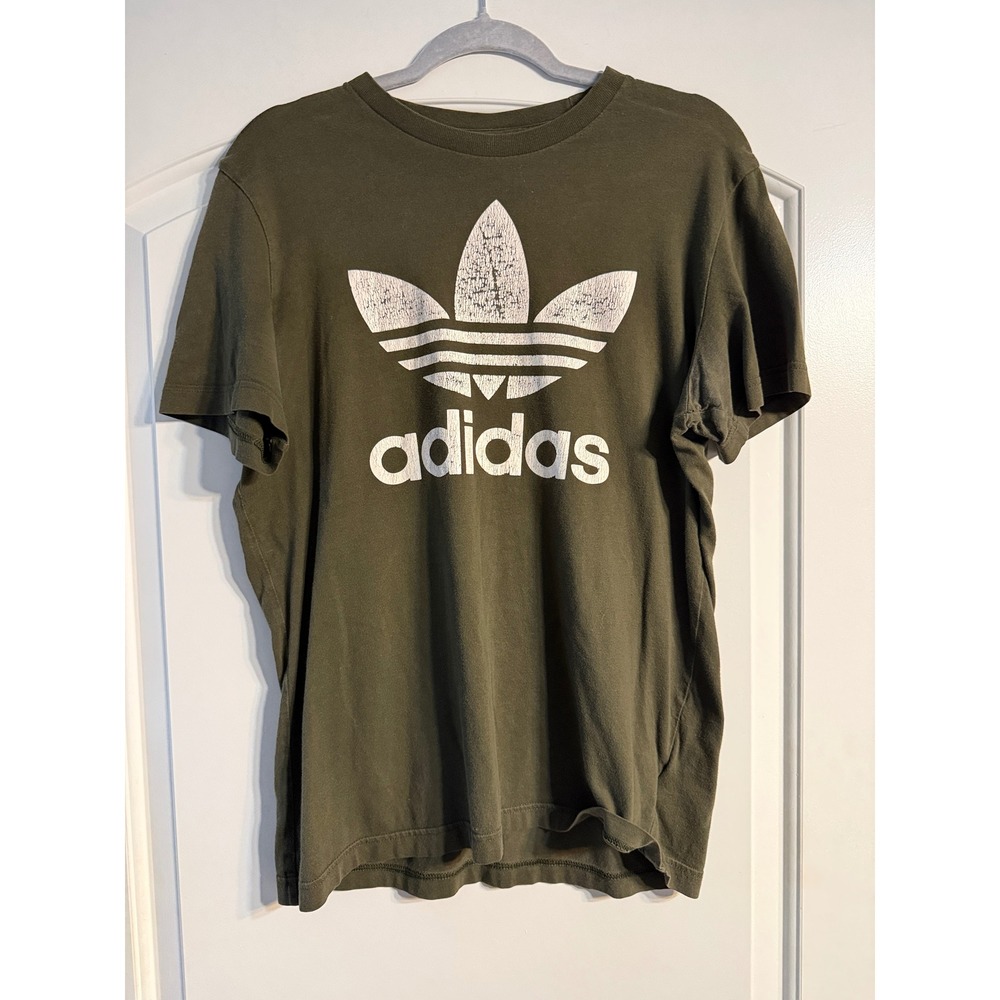 Adidas Originals T-Shirt Medium Olive Green Distressed Trefoil Logo Streetwear